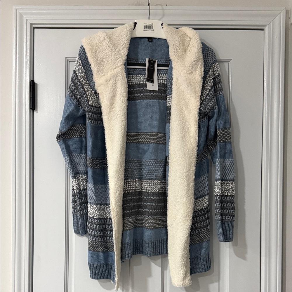 New Lety & Me Stitch fix Cardigan Sweater L Fleece Sherpa Trim Fair Isle Blue